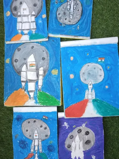 To celebrate the Chandrayaan mission, our students created these amazing space and rocket ship drawings with oil pastels.