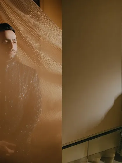 An artistic diptych of individual portraits, creating a sense of anticipation and connection even when the couple is not in the same frame.