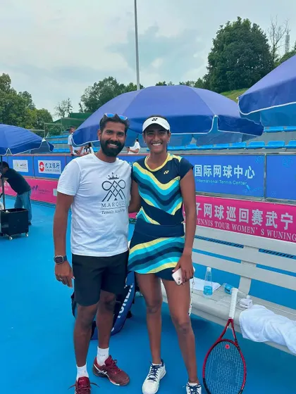 On the road with our pro player. I am here with Rutuja Bhosale at an international tournament, providing the consistent coaching support needed to compete at the highest level.