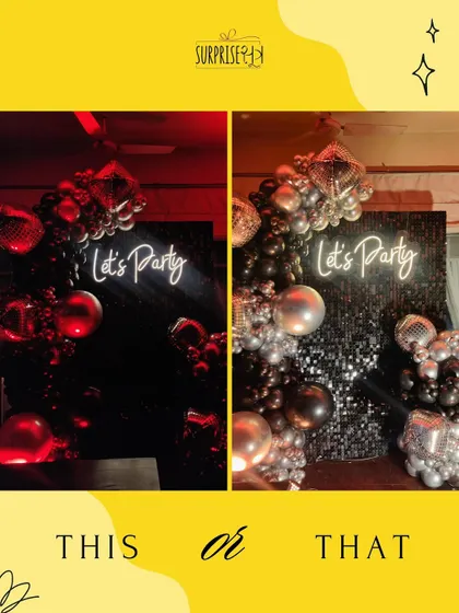 One setup, two moods. This "This or That" post shows how lighting can completely transform our black sequin "Let's Party" backdrop, from a dramatic red to a cool silver and blue.