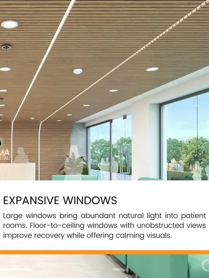 Expansive, floor-to-ceiling windows are a key strategy we use to bring abundant natural light into patient rooms and common areas. This not only improves recovery but also offers calming views of the outdoors.