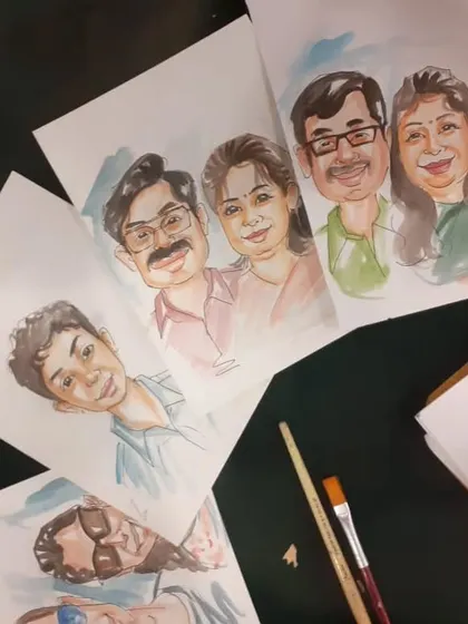 I offer a range of colorful caricature styles using watercolors and markers. This image shows a few examples of my couple and solo portraits, each one made to be a unique piece of art.