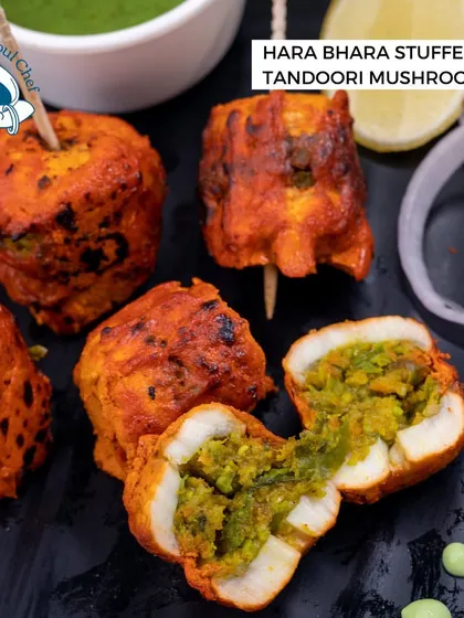 A vegetarian showstopper. My Hara Bhara Stuffed Tandoori Mushrooms are marinated in tandoori spices and stuffed with a flavorful green pea mixture, offering a smoky and savory experience.