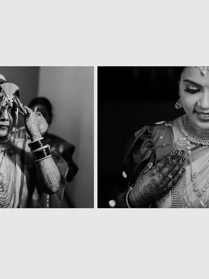 A diptych of black and white images showing the bride getting ready, capturing the final touches of her traditional wedding attire.