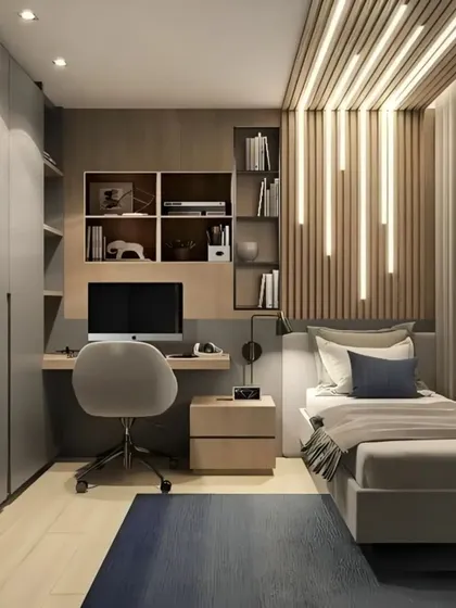 This compact bedroom is designed for maximum functionality. It includes a single bed, a full-height wardrobe, and a dedicated study area, all unified by a sleek grey and wood color scheme.