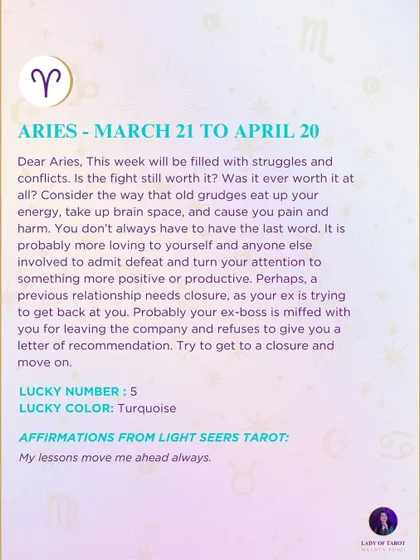 This week's tarot guidance for Aries. The reading points to struggles and conflicts. It may be time to admit defeat, turn your attention to something more positive, and move on.