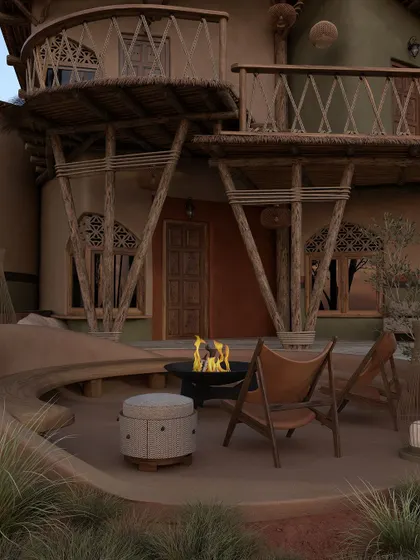 A close-up of the evening ambiance on a private patio. The combination of the fire pit's flickering flames and the soft glow from lanterns creates a perfect setting for intimate conversations and finding your moment of *Sukoon*.
