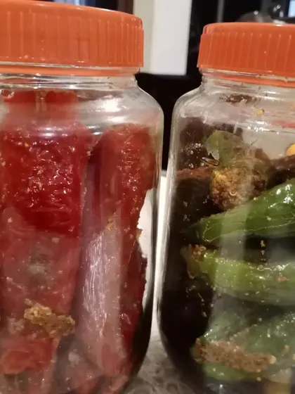 Two of our spicy favourites side-by-side: the red chilli pickle and the green chilli pickle. Which one would you choose?
