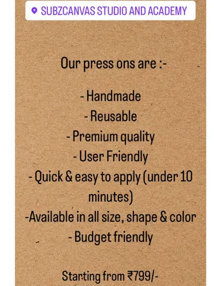 Here are the key benefits of my press-on nails. They are handmade, reusable, easy to apply, and available in any size, shape, or color to fit your style and budget.