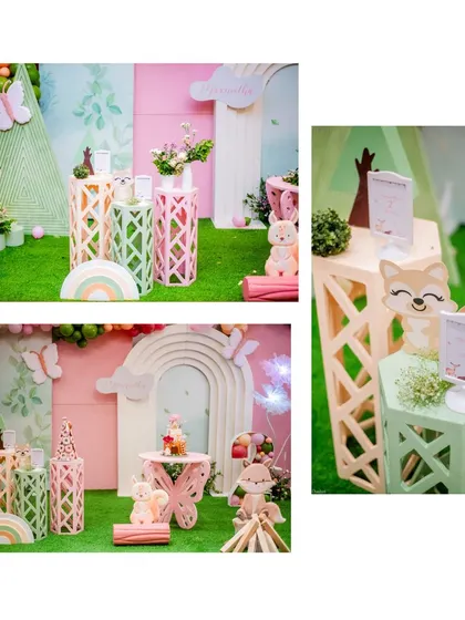 Details from our woodland creature theme. This collage shows the pastel-colored decorative pedestals and cute cutouts of a fox and other forest friends.