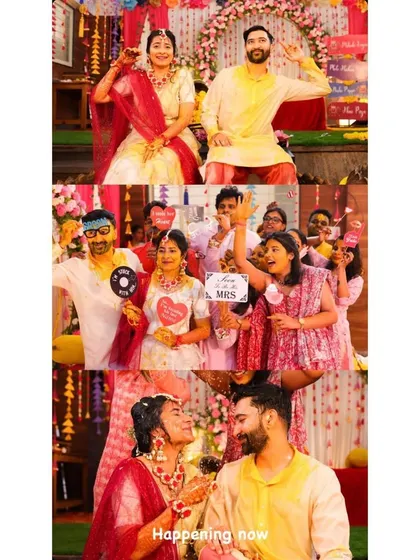 A fun photo collage from a Haldi ceremony, showing the couple and guests enjoying the celebration with playful props and colorful decor.
