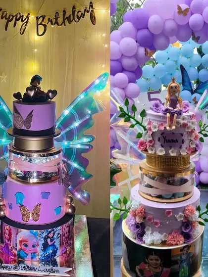 Here you can see two of my popular butterfly wing cake designs side-by-side. Whether you prefer a fairy theme or a princess theme, I can customize the colors, toppers, and photo wraps to your liking.