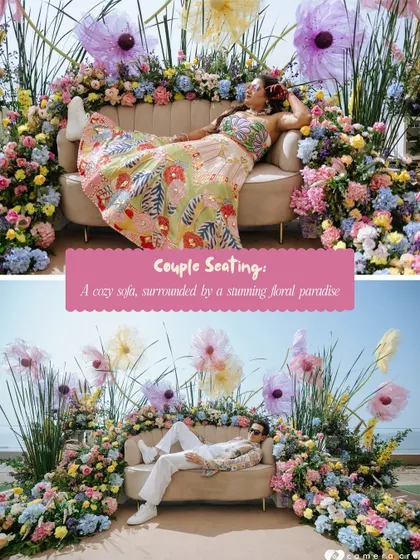 The couple's seating for the pastel carnival mehendi was a cozy sofa surrounded by a stunning paradise of pastel flowers.
