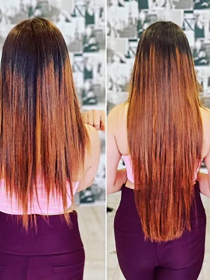 Adding length to pre-colored hair. The extensions match her balayage perfectly, creating a seamless and natural transition.