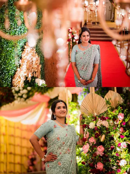 A collage of the bride posing against the beautiful reception decor, showcasing her elegant saree and happy smile.