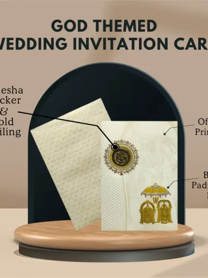 A God-themed wedding invitation card featuring a Balaji Padmavati idol. The design includes a Ganesha sticker and gold foiling for an auspicious start.