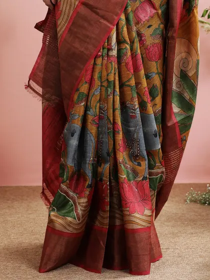 A detailed shot of the elephant motif within the mythological print, a symbol of royalty and grace.
