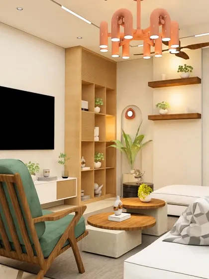 A playful and modern living room concept with a unique terracotta-colored chandelier, light wood shelving, and pops of green in the furniture and plants.