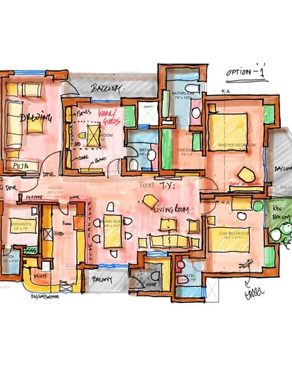 A second layout option for the same apartment, exploring different configurations for living, working, and family zones.