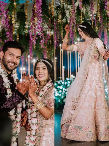 A collage of the couple enjoying their Sangeet, with candid smiles and dance moves.