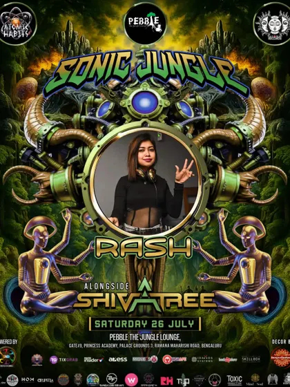 This poster for the 'Sonic Jungle' event captures the tribal, high-energy vibe of my sets. I was thrilled to share the stage with one of my favorites, Shivatree, for a night of full-power psytrance.