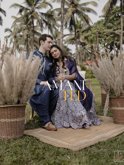 A romantic portrait of the couple at their beautiful outdoor Mehndi setup in Goa.