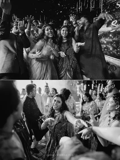 A black and white diptych capturing the wild energy of the dance floor at the reception, with guests letting loose and having fun.