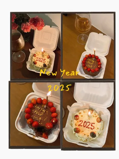 Ringing in the New Year with these festive bento cakes. Designs include "Happy New Year" messages, some topped with fresh strawberries and gold dust, making for a sweet and celebratory start to the year.