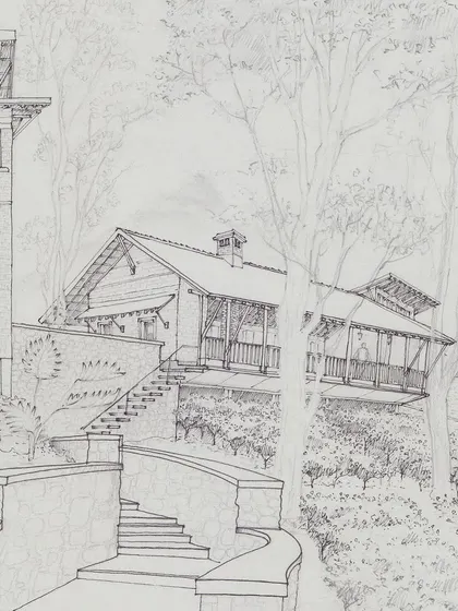 A concept sketch for the PLENTI House in the Nilgiris, a social enterprise project. The drawing shows how the building is designed to follow the contours of the tea garden site.