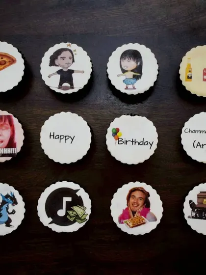This box was a wild ride of inside jokes and favourites. It features everything from a custom cartoon drawing of the birthday boy to references like Pokémon, pizza, and classic movie memes, all on edible cupcake toppers.