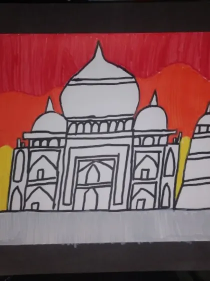Here, a student has drawn the iconic Taj Mahal, learning about symmetry and intricate architectural details. Our globetrotting themes expose children to world cultures through art.