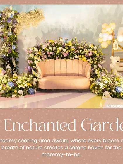 I designed this enchanted garden seating area for a baby shower, creating a serene haven for the mommy-to-be. The plush pink sofa is framed by a cascade of fresh flowers and surrounded by whimsical teddy bears, making it a perfect spot for photos and relaxation.
