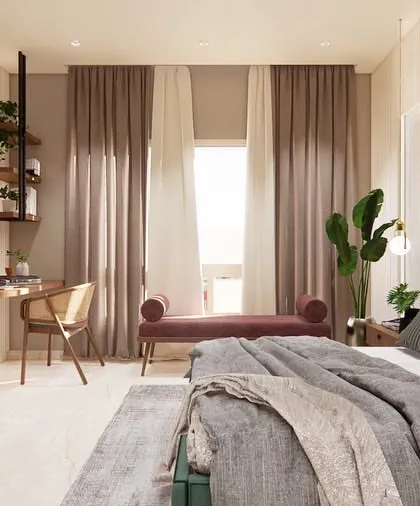 Another render from the "Timeless Tranquility" project, this time showing a bedroom with an integrated desk and shelving unit.