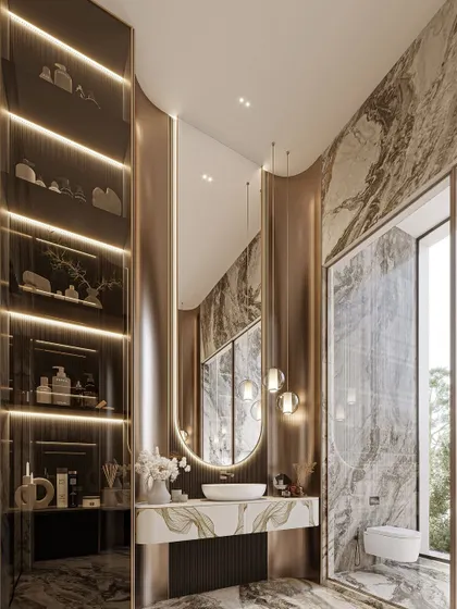 This bespoke bathroom is designed as a private oasis, blending rich marble textures with soft ambient lighting and custom metallic details. It is a harmonious fusion of sophistication and serenity, transforming a personal space into a haven of indulgence.