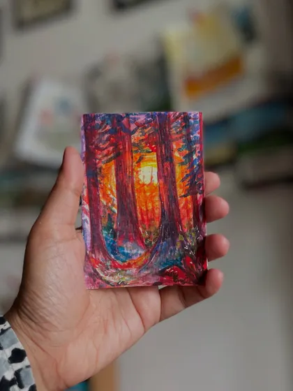 Another shot of my miniature forest painting. The colours are meant to evoke a sense of wonder and escape.