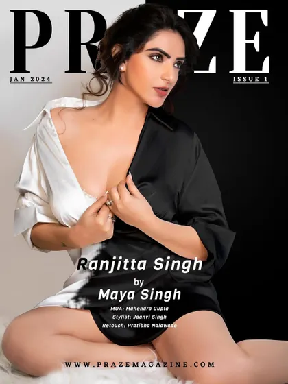 A modern and minimalist cover for Praze Magazine with Ranjitta Singh. The black and white split design creates a graphic, high-contrast image that is both artistic and commercially appealing.