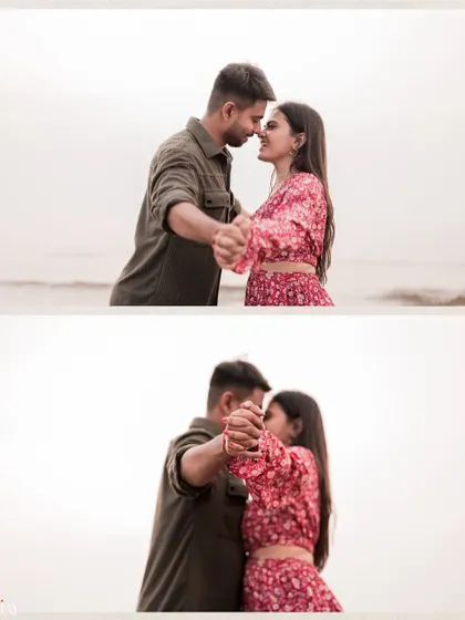 A diptych of the couple dancing and sharing a close moment by the sea.