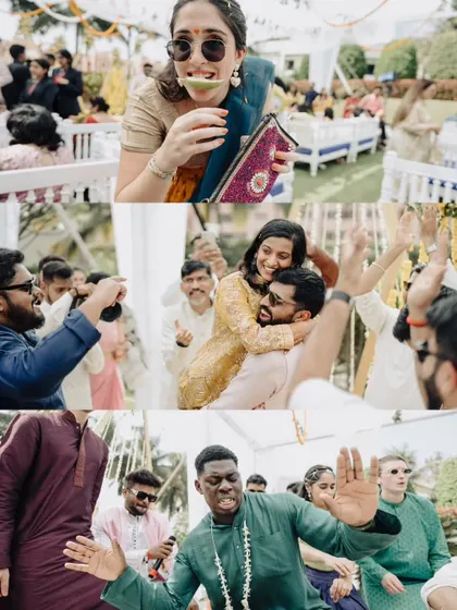 A collage of candid, high-energy moments from a Haldi party, capturing the uninhibited joy of the guests.