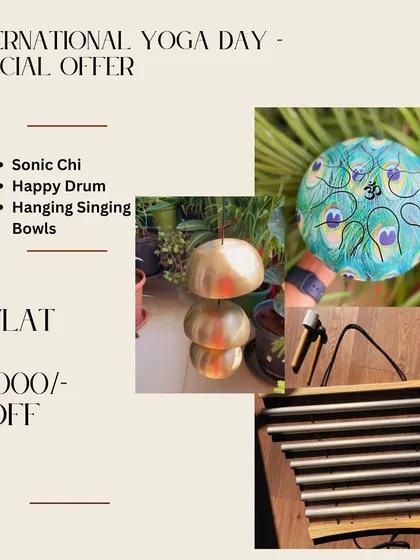 In celebration of International Yoga Day, we are offering a special discount on some of our most popular instruments, including the Sonic Chi, Happy Drum, and Hanging Singing Bowls.