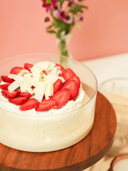 Our Strawberry Vanilla Tres Leches, a new addition to our collection. A light sponge soaked in three milks, topped with fresh strawberries and white chocolate shavings.