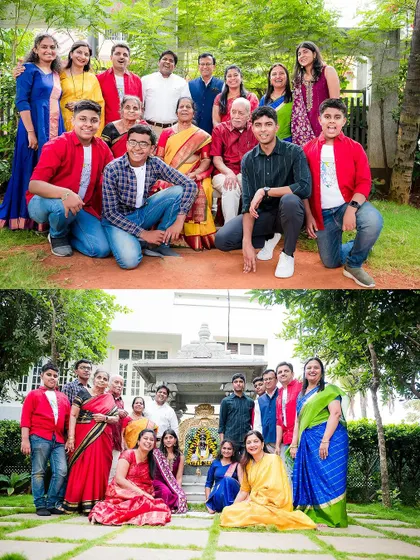 Two classic group portraits of a large, happy family in an outdoor setting. We make sure to get both formal and fun shots of the entire group.