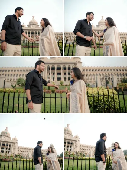 A series of candid interactions in the gardens of Vidhana Soudha. This collage shows the progression of a natural conversation, filled with smiles and genuine connection.