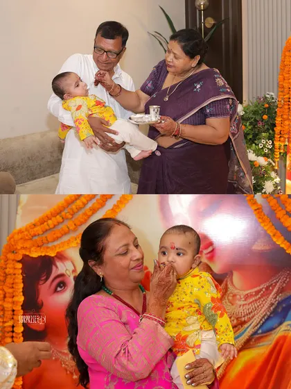 The grandparents' blessings are so precious. Here, they give baby Divit his first taste of solid food during the Annaprashan ceremony, a truly heartwarming moment.