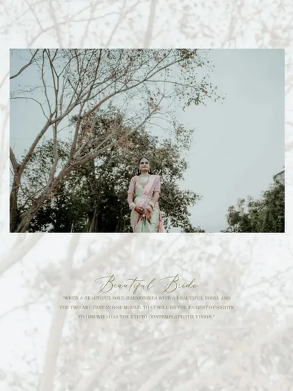 A beautifully designed portrait of the bride, framed by the branches of a tree, celebrating her as a "Beautiful Bride."