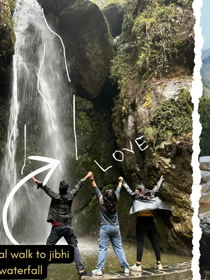 Finding joy at the Jibhi waterfall. Our itineraries include natural walks to hidden gems like this, offering a peaceful retreat with cool, clear waters.