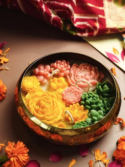 A closer look at the vibrant wax flowers in my Flower Garden Urli. The hammered brass bowl and colorful arrangement make it a perfect gift to show your thoughtfulness.