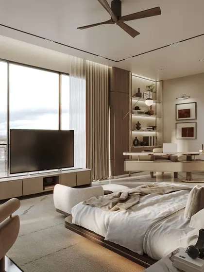 This collection of images explores a single master suite, including the main sleeping area and an integrated home office. We've rendered the space from wide angles to detailed close-ups, showcasing the cohesive design, material textures, and sophisticated lighting.
