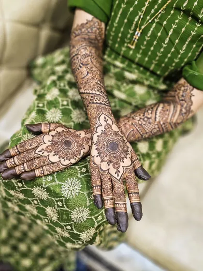 A creative pose showing the two hands with the mandala design.