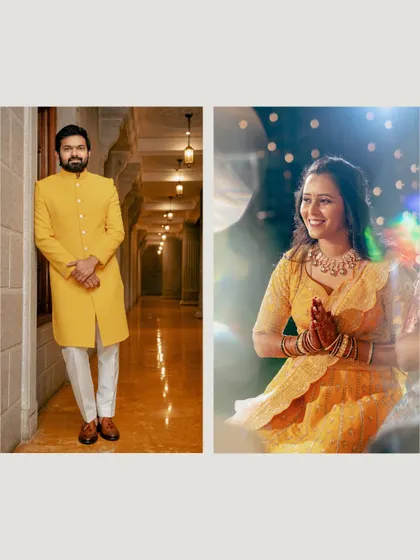 A diptych of individual portraits of the bride and groom, showcasing their coordinated yellow outfits and happy expressions.