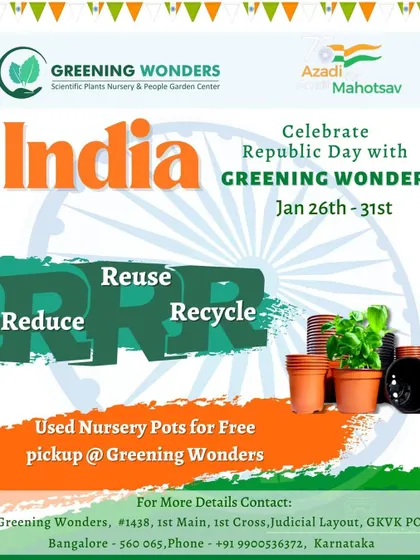 For Republic Day 2023, we launched our 'Reduce, Reuse, Recycle' initiative. This poster announced our program for free pickup of used nursery pots, promoting sustainability in our community.